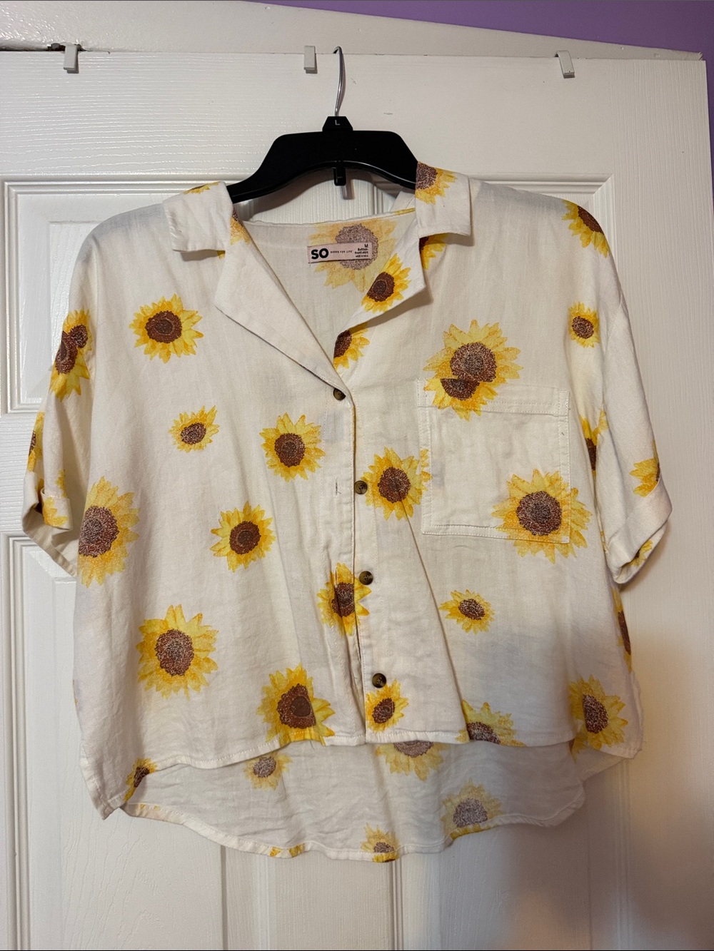 SO White Short Sleeve Button-Up Top with Yellow Sunflower Print